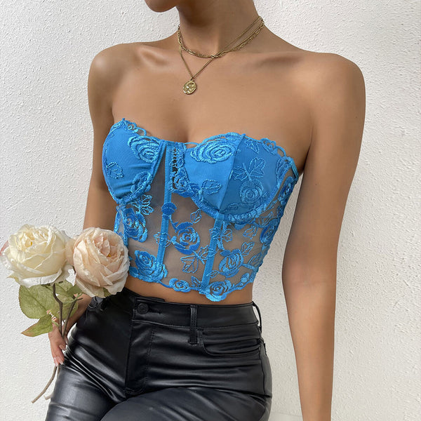 Romantic Rose Embroidered Sheer Tulle Crop Corset Tube Top - Blue