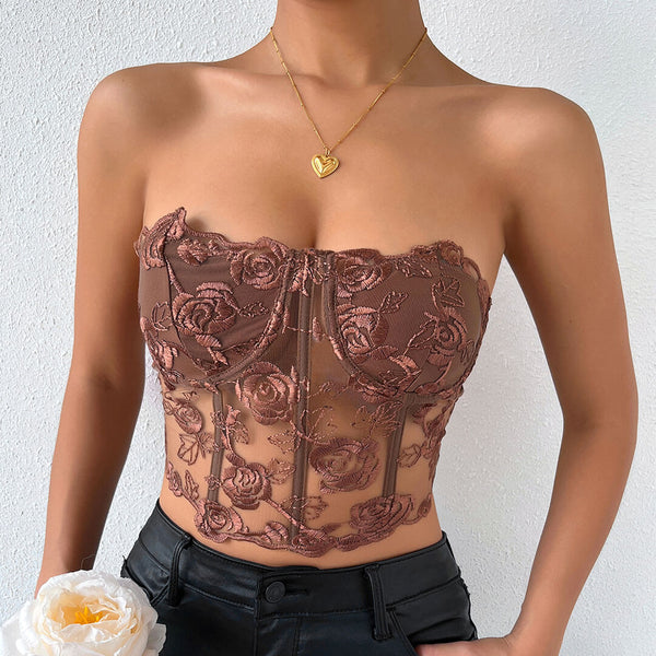 Romantic Rose Embroidered Sheer Tulle Crop Corset Tube Top - Brown