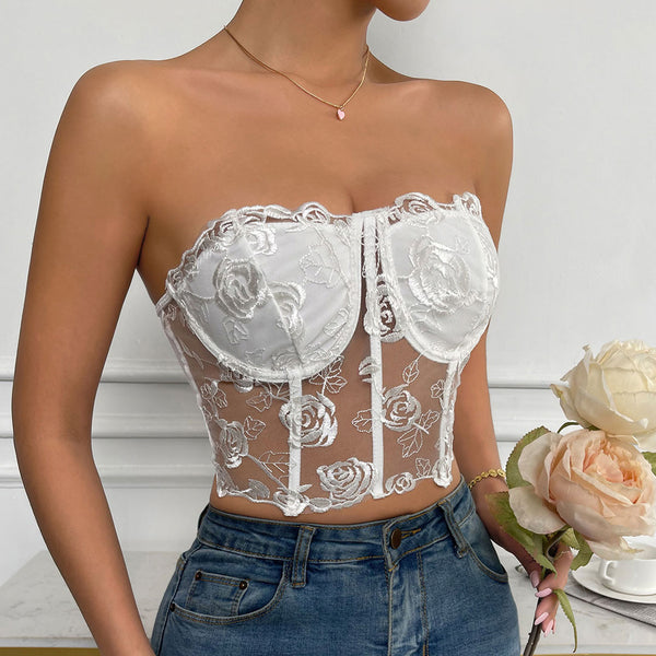 Romantic Rose Embroidered Sheer Tulle Crop Corset Tube Top - White