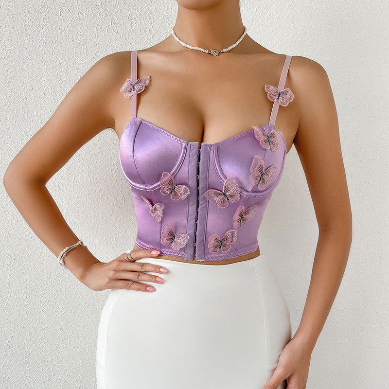 Sexy Butterfly Applique Hook and Eye Silky Satin Corset Top - Purple