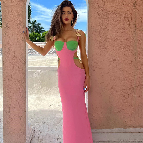 Sexy Contrast Color Shells Sleeveless Cutout Prom Maxi Dress - Pink