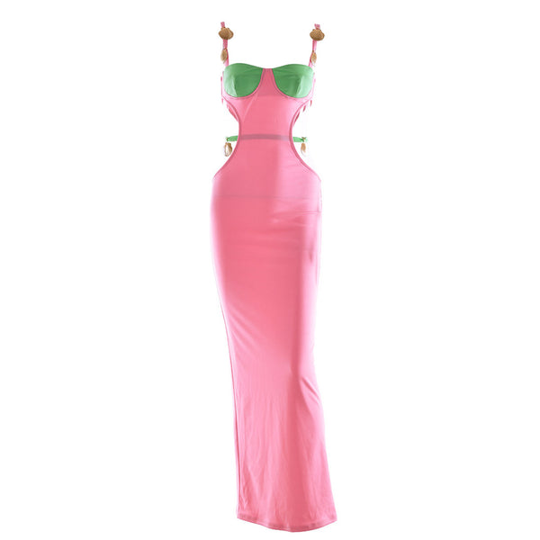 Sexy Contrast Color Shells Sleeveless Cutout Prom Maxi Dress - Pink