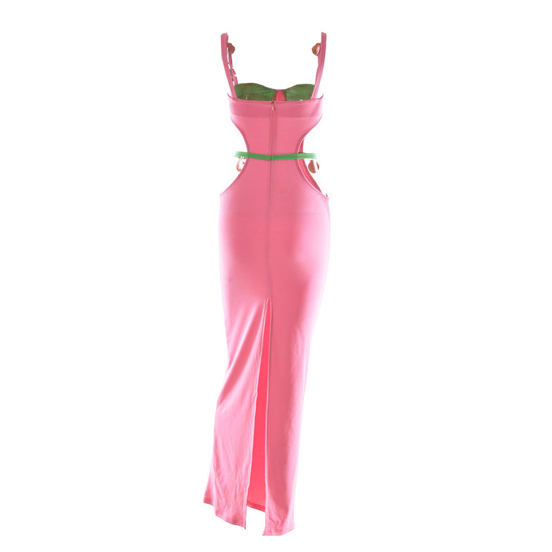 Sexy Contrast Color Shells Sleeveless Cutout Prom Maxi Dress - Pink