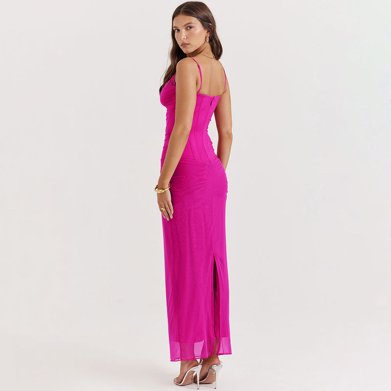 Sexy Cowl Neck Lace Bustier Sleeveless Maxi Corset Slip Dress - Hot Pink