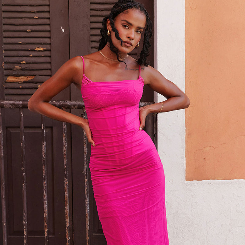 Sexy Cowl Neck Lace Bustier Sleeveless Maxi Corset Slip Dress - Hot Pink