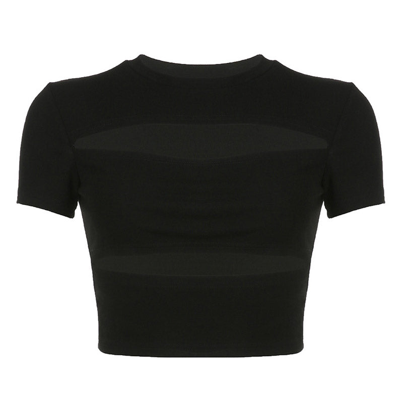 Sexy Crew Neck Split Cutout Front Short Sleeve Fitted Cropped Top - Black