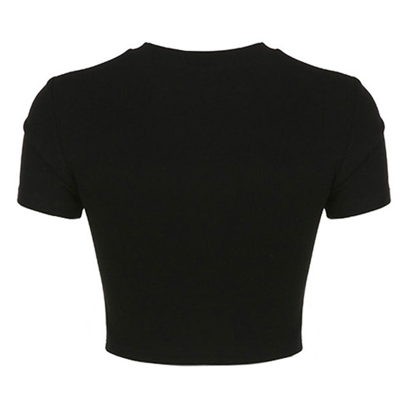 Sexy Crew Neck Split Cutout Front Short Sleeve Fitted Cropped Top - Black