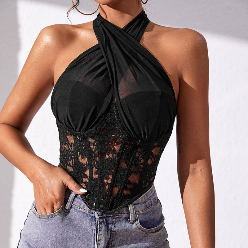 Sexy Crossed Halter Neck Lace Floral Mesh Cropped Corset Top - Black