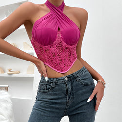 Sexy Crossed Halter Neck Lace Floral Mesh Cropped Corset Top - Rose