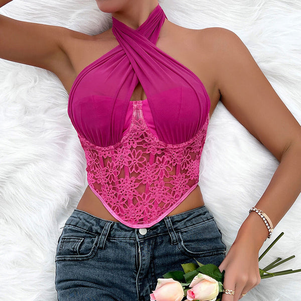 Sexy Crossed Halter Neck Lace Floral Mesh Cropped Corset Top - Rose