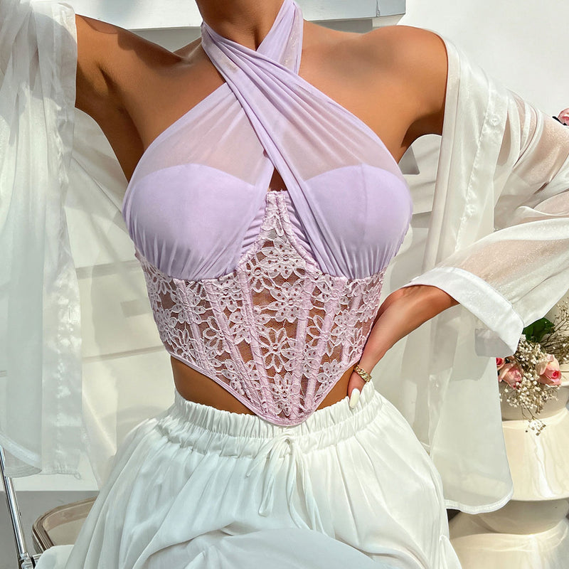 Sexy Crossed Halter Neck Lace Floral Mesh Cropped Corset Top - Violet