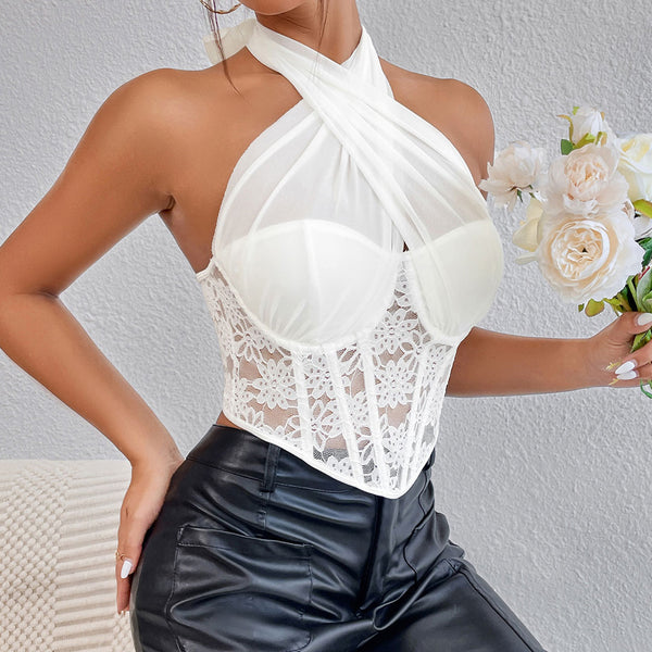 Sexy Crossed Halter Neck Lace Floral Mesh Cropped Corset Top - White