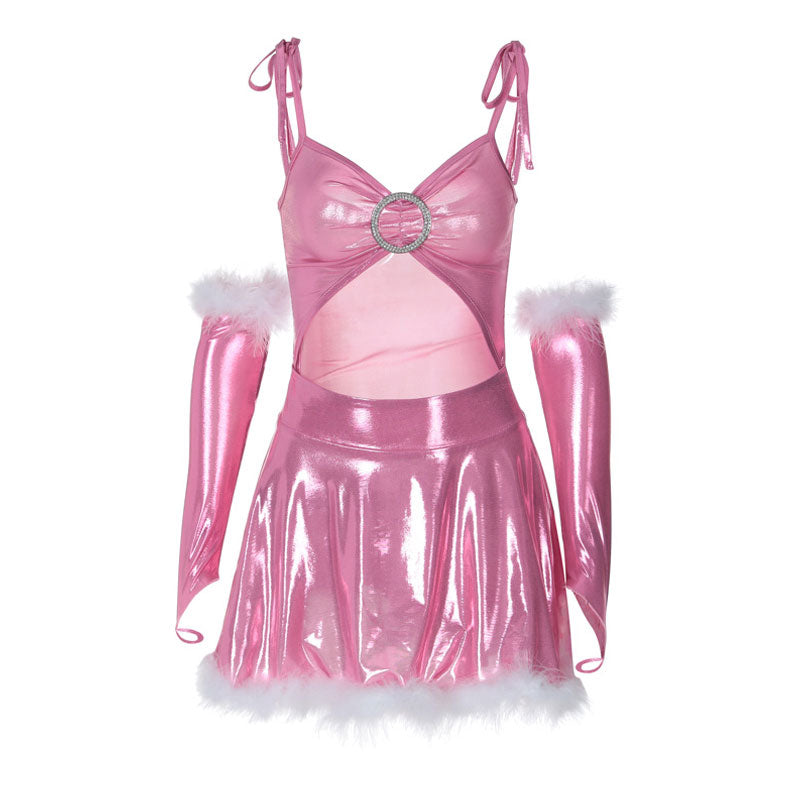 Sexy Crystal Ring Fluffy Glove Christmas Mini Dress Matching Set - Pink