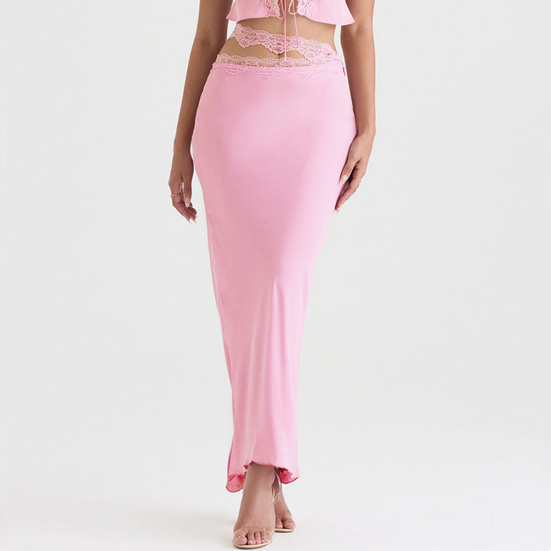 Sexy Cutout High Waist Side Zipper Satin Lace Trim Maxi Skirt - Pink