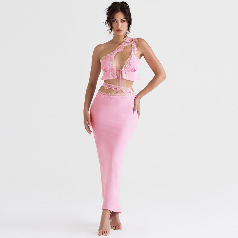 Sexy Cutout High Waist Side Zipper Satin Lace Trim Maxi Skirt - Pink