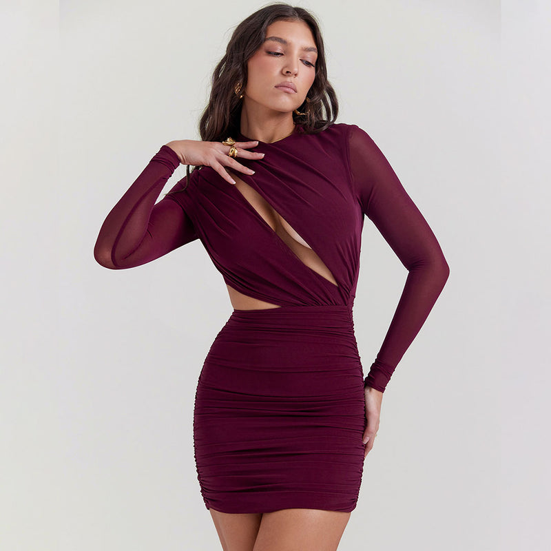 Sexy Cutout Long Sleeve Ruched Bodycon Mini Party Dress - Burgundy
