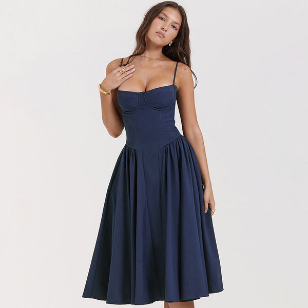 Sexy Demi Neck Drop Waist Fit and Flare Midi Cami Sundress - Navy Blue