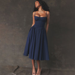 Sexy Demi Neck Drop Waist Fit and Flare Midi Cami Sundress - Navy Blue