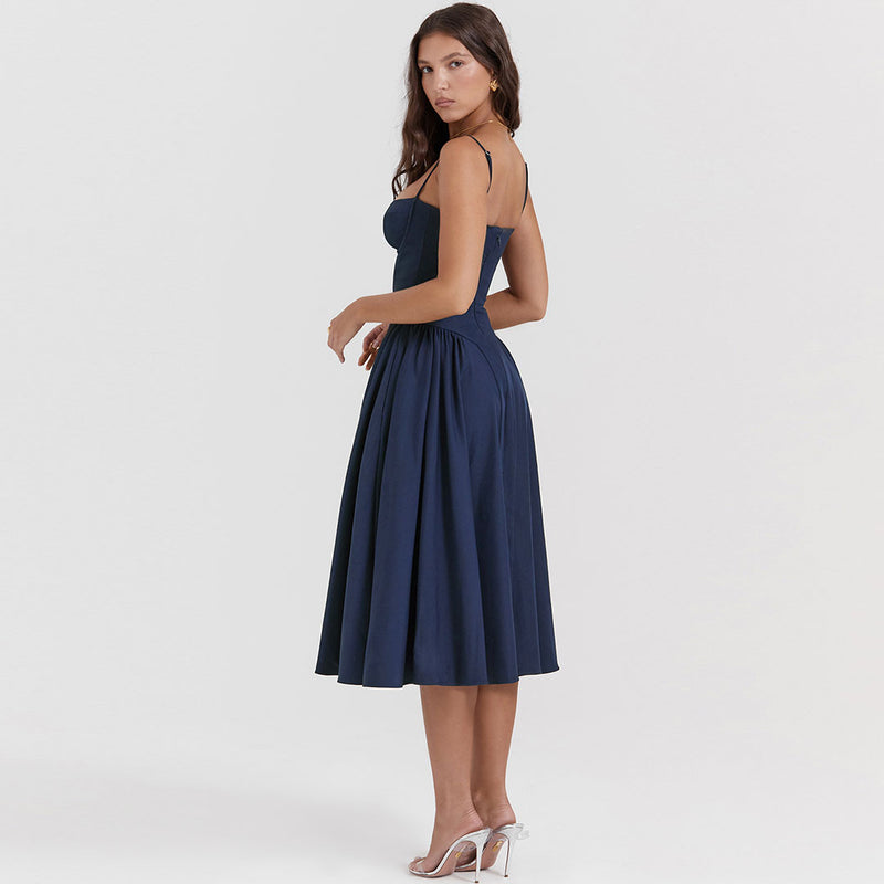 Sexy Demi Neck Drop Waist Fit and Flare Midi Cami Sundress - Navy Blue