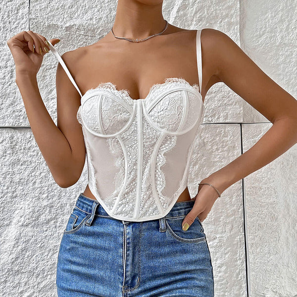 Sexy Eyelash Lace Underwire Bustier Sheer Mesh Corset Tank Top - White