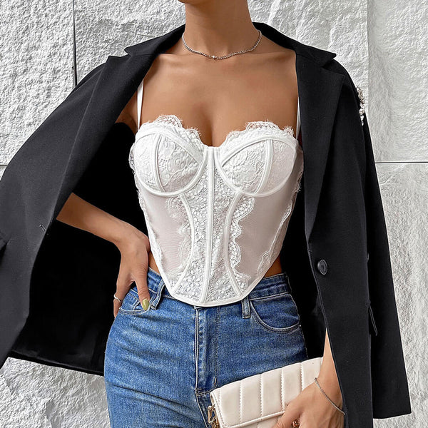 Sexy Eyelash Lace Underwire Bustier Sheer Mesh Corset Tank Top - White