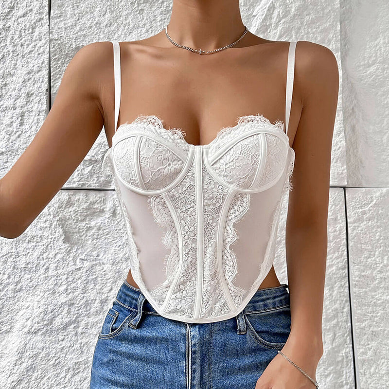 Sexy Eyelash Lace Underwire Bustier Sheer Mesh Corset Tank Top - White