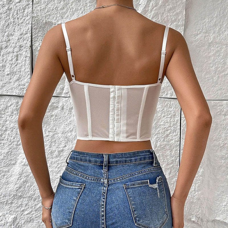 Sexy Eyelash Lace Underwire Bustier Sheer Mesh Corset Tank Top - White