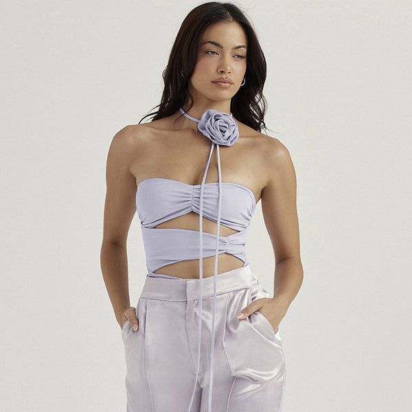 Sexy Rosette Trim Mesh Ruched Cutout Tube Bodysuit - Purple