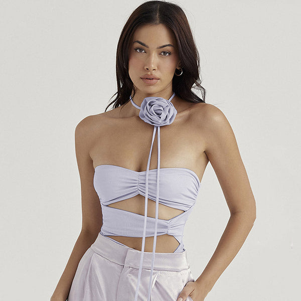 Sexy Rosette Trim Mesh Ruched Cutout Tube Bodysuit - Purple