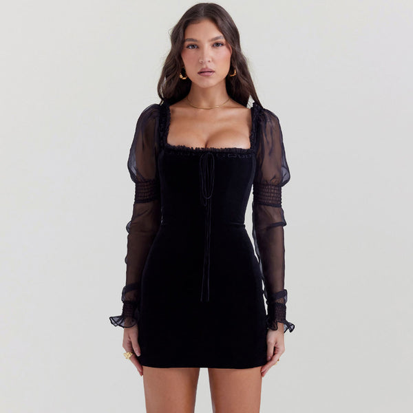 Sexy Frilled Square Neck Puff Sleeve Sexy Velvet Mini Party Dress - Black