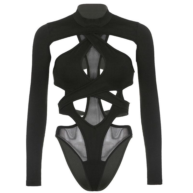 Sexy High Neck Long Sleeve Cutout Sheer Mesh Layered Bodysuit - Black