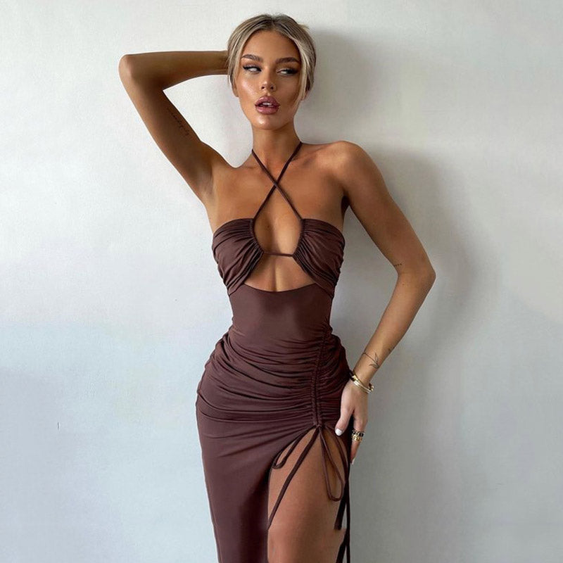 Sexy High Split Cross Front Cutout Ruched Halter Party Maxi Derss - Brown