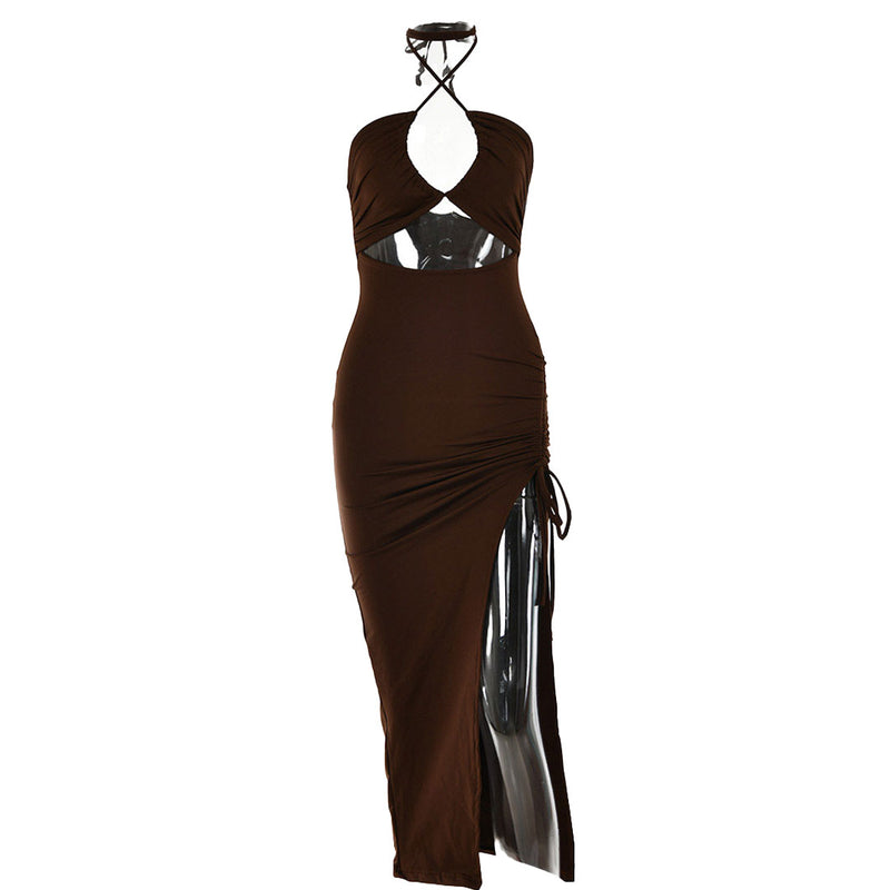 Sexy High Split Cross Front Cutout Ruched Halter Party Maxi Derss - Brown