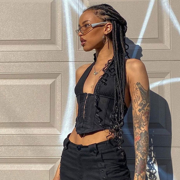 Sexy Hook And Eye Detail Curved Hem Lace Up Backless Halter Crop Top - Black