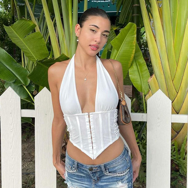Sexy Hook And Eye Detail Curved Hem Lace Up Backless Halter Crop Top - White
