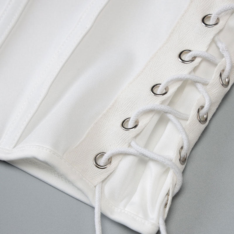 Sexy Hook And Eye Detail Curved Hem Lace Up Backless Halter Crop Top - White