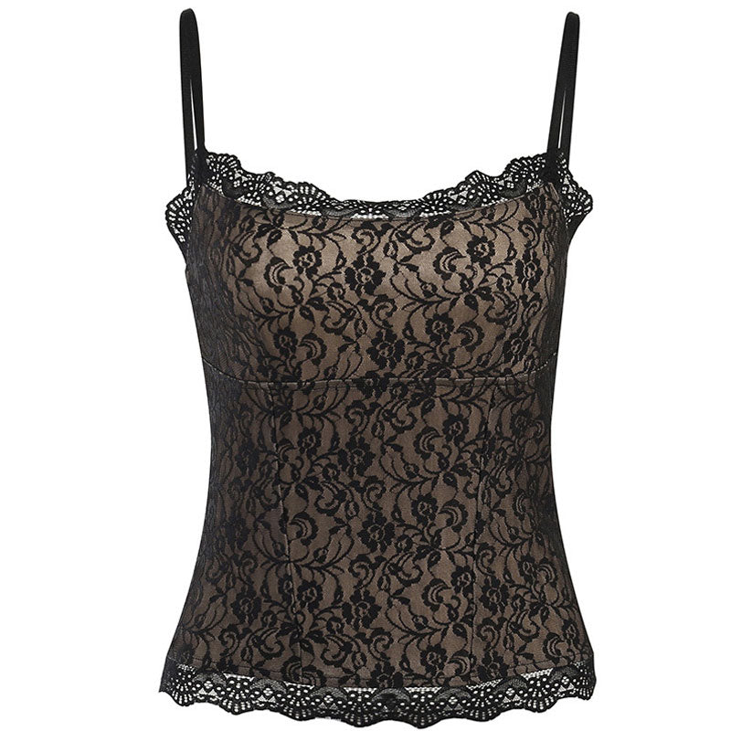 Sexy Lace Floral Spaghetti Strap Sleeveless Tank Top - Black