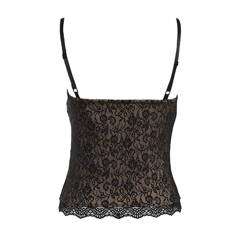 Sexy Lace Floral Spaghetti Strap Sleeveless Tank Top - Black