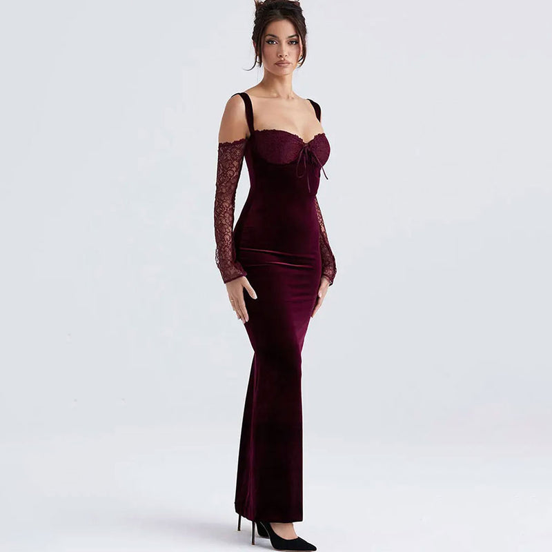 Sexy Lace Sweetheart Neck Bow Tie Velvet Mermaid Maxi Dress - Burgundy