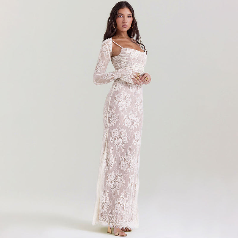 Sexy Layered Shrug Ruched Lace Maxi Fishtail Evening Dress - Cream