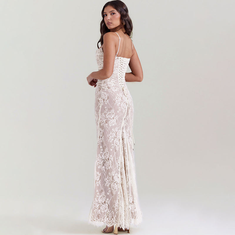 Sexy Layered Shrug Ruched Lace Maxi Fishtail Evening Dress - Cream