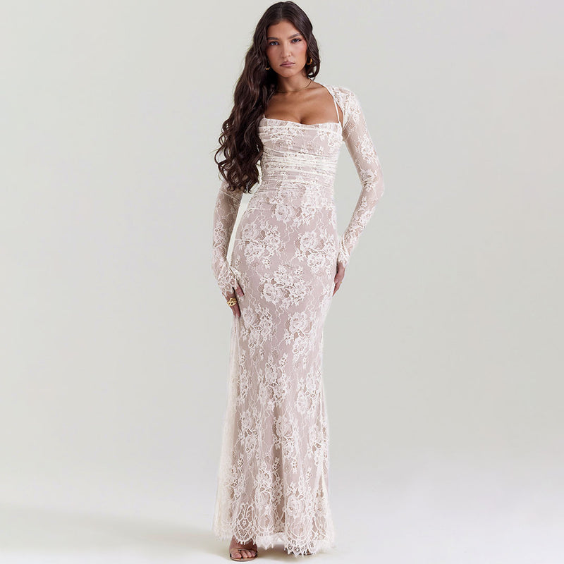 Sexy Layered Shrug Ruched Lace Maxi Fishtail Evening Dress - Cream