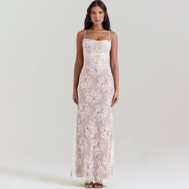 Sexy Layered Shrug Ruched Lace Maxi Fishtail Evening Dress - Cream