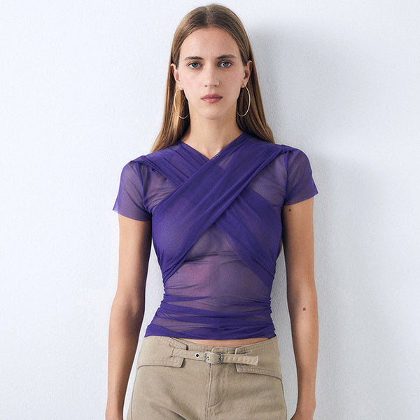 Sexy Lettuce V Neck Short Sleeve Wrap Tied Ruched Sheer Mesh Top - Purple