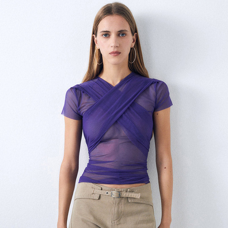 Sexy Lettuce V Neck Short Sleeve Wrap Tied Ruched Sheer Mesh Top - Purple