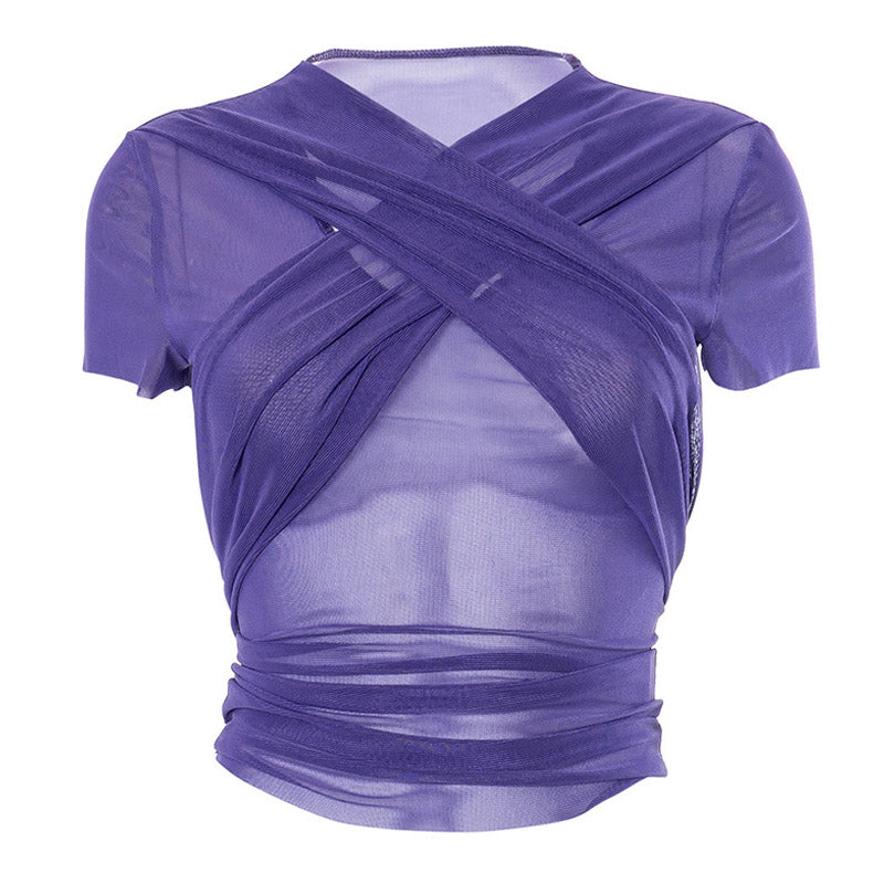 Sexy Lettuce V Neck Short Sleeve Wrap Tied Ruched Sheer Mesh Top - Purple