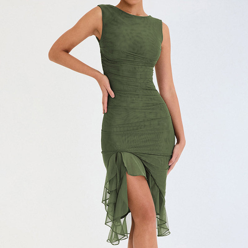 Sexy Mesh Ruched Crew Neck Sleeveless Bodycon Ruffle Cocktail Midi Dress - Army Green