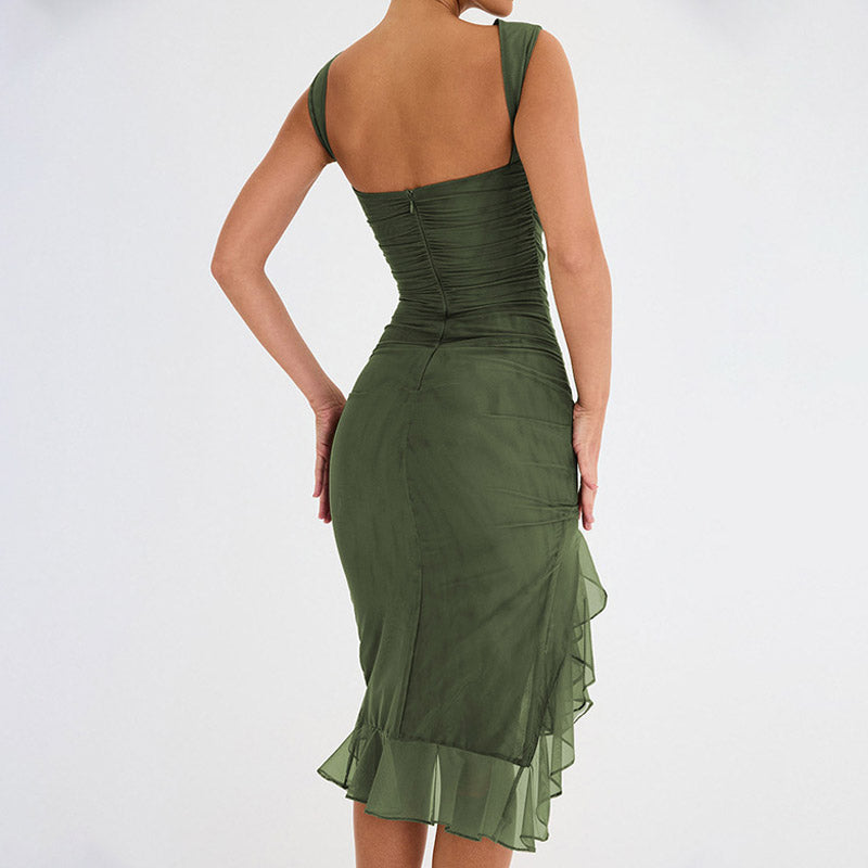 Sexy Mesh Ruched Crew Neck Sleeveless Bodycon Ruffle Cocktail Midi Dress - Army Green