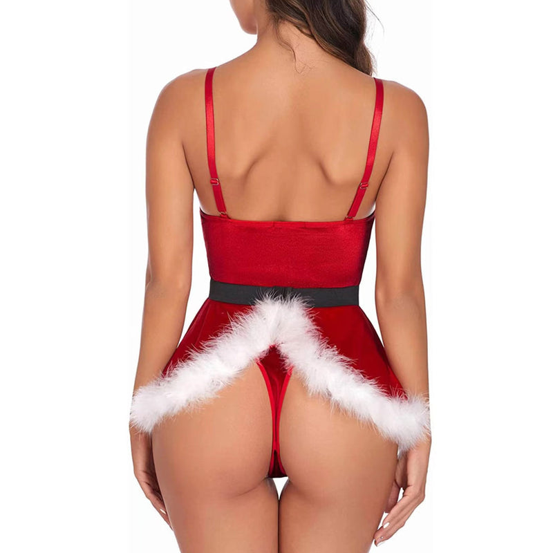 Sexy Mrs Claus Velvet Belted Fluffy Peplum Christmas Thong Bodysuit - Red