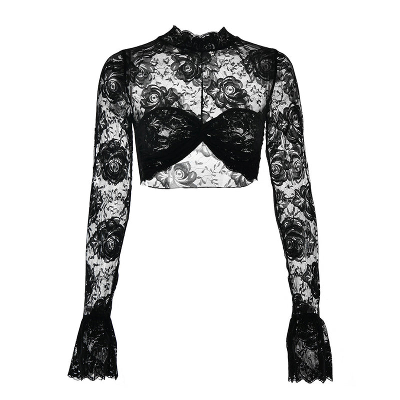 Sexy Ruched Mock Neck Flared Sleeve Flower Sheer Lace Crop Top - Black –  Trendy & Unique